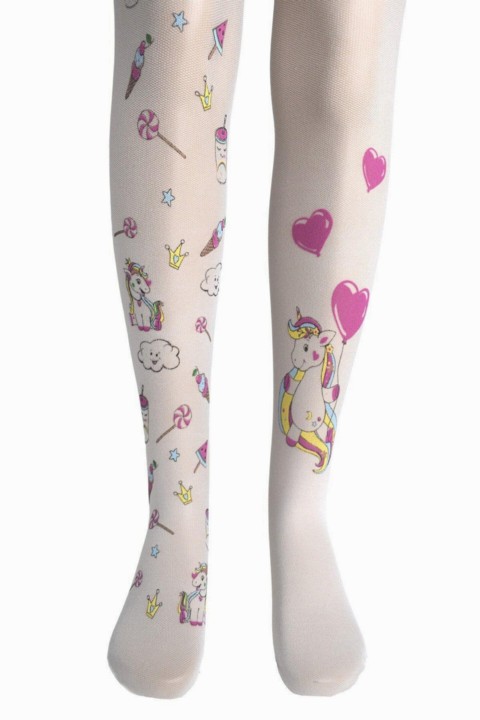 Socks - Girl Unicorn Pony Printed White Pantyhose 100327336 - Turkey