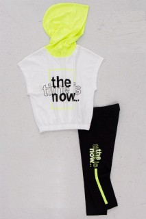 Kids - Girl's Letter Printed Neon Detailed Hooded Green Tights Suit 100344670 - Turkey