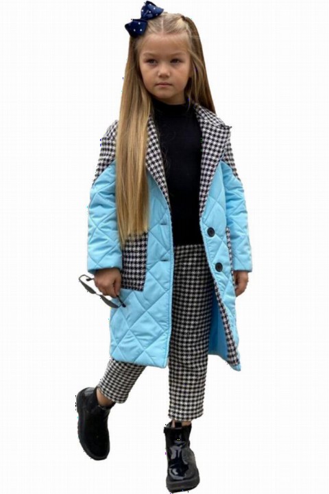 Coat, Trench Coat - Girls' Three Piece Blue Bottom Top Set With Crowbar Pants and Quilted Coat 100327377 - Turkey