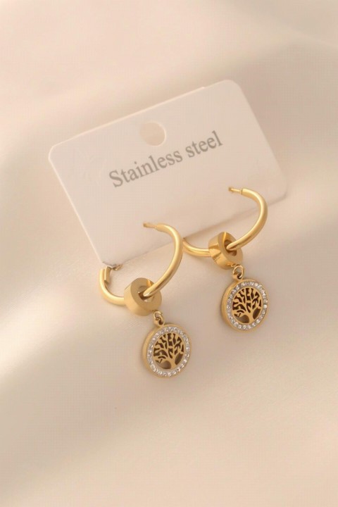 Earrings - Gold Color Ring Tree of Life Figure Zircon Stone Detail Steel Women's Earrings 100327769 - Turkey