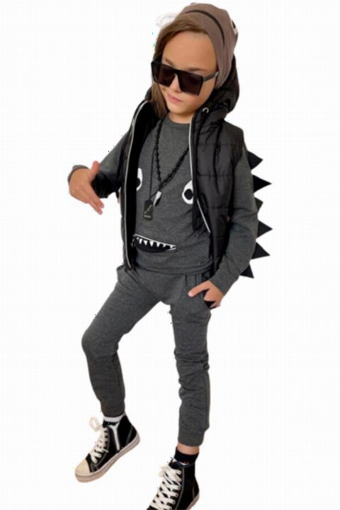 Tracksuit Set - Boy Inflatable Vest and Beret Dino 4-Piece Gray Tracksuit Suit 100330973 - Turkey