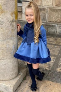 Kids - Girls' Snap-On Plush Collar Beret Tulle Detailed Navy Blue Evening Dress 100344725 - Turkey