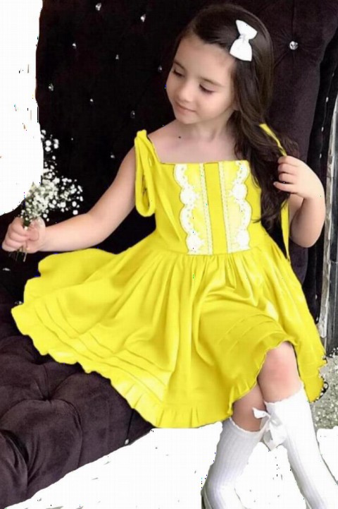 Outwear - Girls' Athletic Lace Embroidered Rope Strap and Hem Ruffled Yellow Dress 100327383 - Turkey