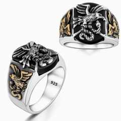Animal Rings - Eagle and Snake Model Black Stone Silver Ring 100346386 - Turkey
