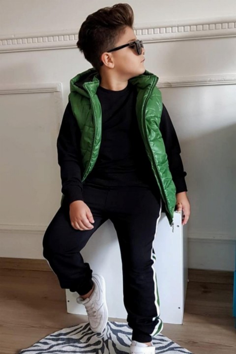Tracksuit Set - Boy Green Inflatable Vest Striped Tracksuit 100327066 - Turkey