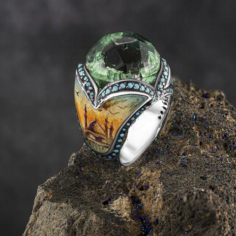 Exclusive Rings - Stone Inlaid Mosque Inlaid Silver Men's Ring 100349250 - Turkey