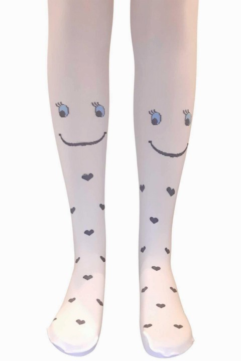 Kids - Girl's Smiling Face and Heart Printed White Tights 100328163 - Turkey