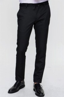pants - Men's Black Striped Double Leg Slim Fit Side Pocket Waist Elastic and Laced Fabric Trousers 100351292 - Turkey