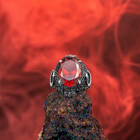 Zircon Stone Rings - خاتم فضة بحجر الزركون الأحمر مزخرف بنجمة القمر 100350300 - Turkey