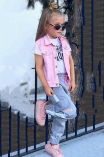 Outwear - Girl's Natural Printed Pink Denim Vest Bottom Top Set 100351620 - Turkey