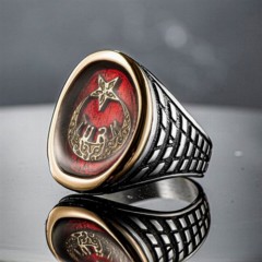 Moon Star Rings - Turkish Written Crescent and Star Symbol Red Enameled Sterling Silver Men's Ring 100346542 - Turkey