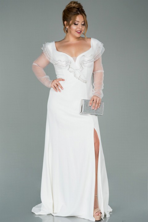 Wedding Dress - Evening Dress Long Tulle Sleeve Boat Neck Plus Size Evening Dress 100297384 - Turkey