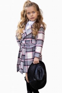Coat, Trench Coat - Girl's Double Pocket Plaid Coat and Shirt with Halter Neck Grey-Pink Skirt Suit 100327303 - Turkey