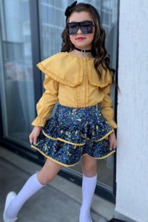 Kids - Girl's Collar Flywheel Floral Printed Mustard Velvet Skirt Suit 100344704 - Turkey
