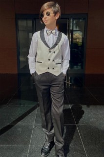 Kids - Boys Shawl Collar Pocketed Bow Tie 4 Piece White Bottom Top Suit 100351627 - Turkey