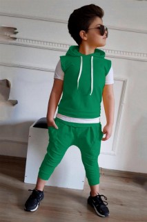 Tracksuit Set - Survêtement vert à manches courtes pour garçon avec taille superposée et capuche 100328399 - Turkey