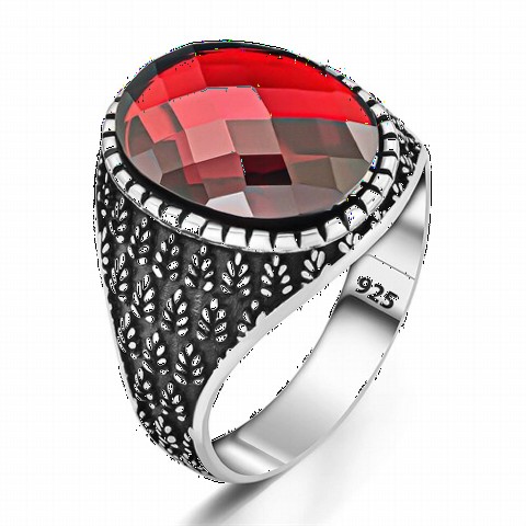 Zircon Stone Rings - Flower Pattern Red Cut Zircon Stone Sterling Silver Ring 100350352 - Turkey
