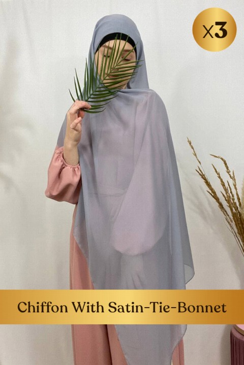 Promotion Box - Hijab mousseline , bonnet à nouer intégré intérieur satin  - en box 3 pièces - Turkey