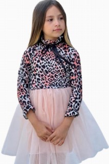Kids - Girl Leopard Patterned Ruffle Collar Bow Detailed Tulle Powder Dress 100344698 - Turkey