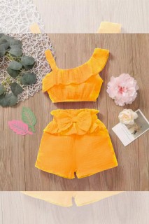 Kids - Girls Ruffle Collar Suspended Front Bow Detailed Mustard Shorts Set 100328582 - Turkey