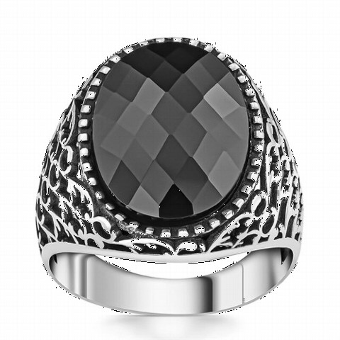 Zircon Stone Rings - خاتم فضة بحجر الزركون الأسود بتصميم زهرة 100350387 - Turkey