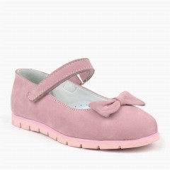 Loafers & Ballerinas & Flat - Genuine Leather Pink Bow Velcro Girls Flat Shoes 100278852 - Turkey