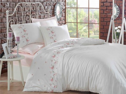 Lace Rosa bestickter Bettbezug aus Baumwollsatin Cremepuder 100257315 - Turkey