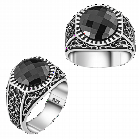 Zircon Stone Rings - Ottoman Pattern Black Zircon Stone Silver Ring 100350330 - Turkey