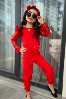 Girl Clothing - Girls' Sleeves Lace Transparent Detailed Front Bow Bandana Red Jumpsuit 100328384 - Turkey