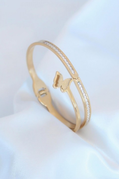 Bracelet - Gold Color Butterfly Figure Zircon Stone Detail Steel Women's Bracelet 100327792 - Turkey