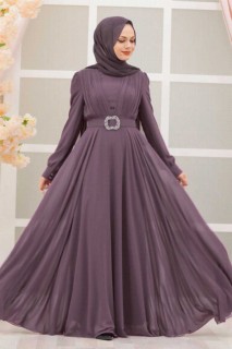 Evening & Party Dresses - Dark Lila Hijab Evening Dress 100338110 - Turkey