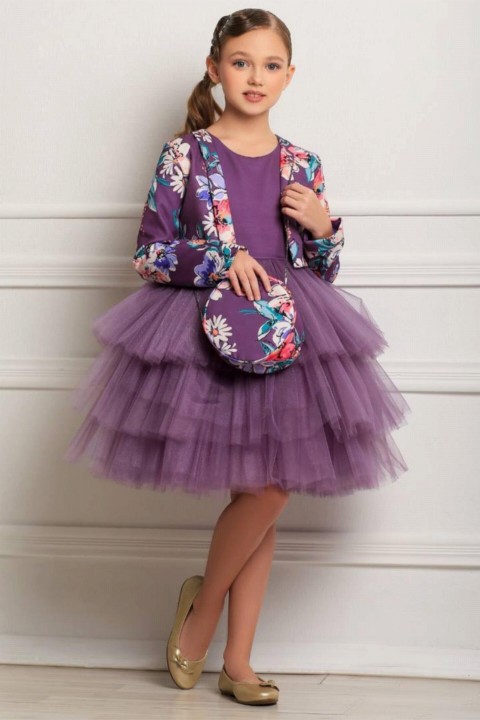 Kids - Girl Daisy Bolero Katkat Tulle Robe de soirée lilas avec sac 100327151 - Turkey