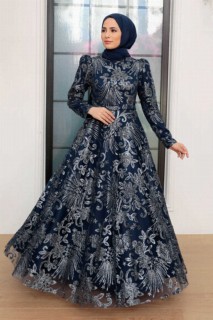 Evening & Party Dresses - Robe de soirée hijab bleu marine 100341042 - Turkey