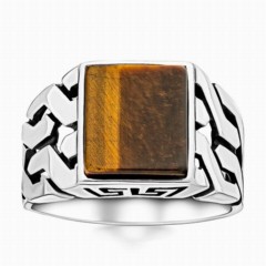 Tiger Eyes Square Stone 925 Sterling Silver Men's Ring 100346369
