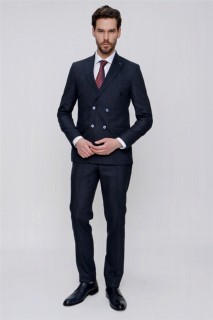 Men's Navy Blue Flannel Double Breasted Striped Slim Fit Slim Fit 6 Drop Suit 100350696