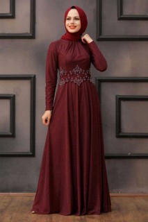 Wedding & Evening - Claret Red Hijab Evening Dress 100337284 - Turkey