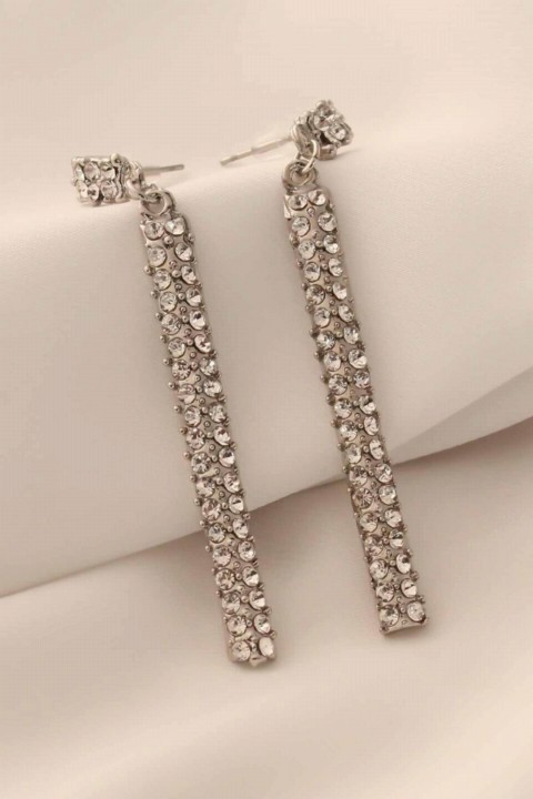 Earrings - Long Silver Color Women's Earrings With Zircon Stone 100327620 - Turkey