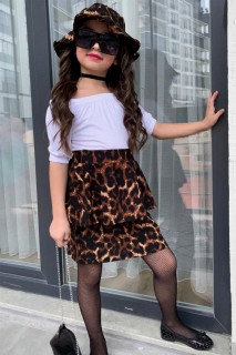 Girl Boat Collar Blouse and Hat Leopard Skirt Suit 100327414