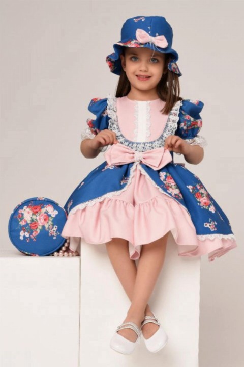 Girl French Lace Embroidered Front Blue Dress With Bow And Flower Printed Bag And Hat 100327277