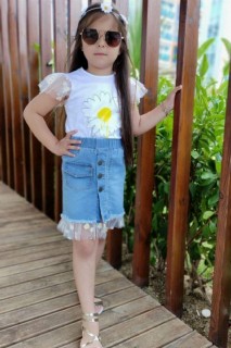 Kids - Girl Daisy Tulle Crowned Blue Denim Skirt Suit 100326823 - Turkey