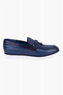 Men's Navy Blue Casual Tassel Patterned Leather Shoes 100350572