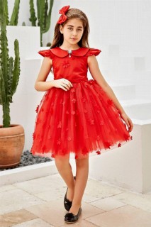 Kids - Robe de soirée fille en tulle moelleux avec détail fleuri et robe de soirée rouge scintillante 100327681 - Turkey