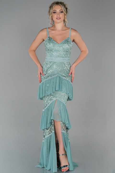 Woman - Guipure Tulle Long Evening Dress 100297087 - Turkey