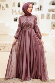 Wedding & Evening - Dark Dusty Rose Hijab Evening Dress 100339300 - Turkey