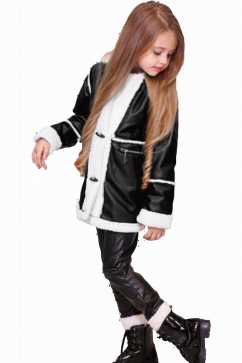 Kids - Anzug aus schwarzer Plüschjacke und Lederleggings für Mädchen 100327143 - Turkey
