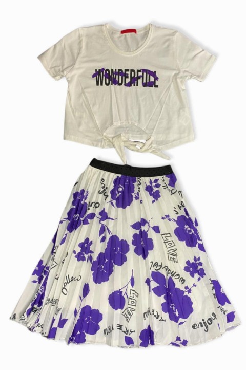 Outwear - Girl's Glittery Text Printed Waistband Floral Lilac Pleat Skirt Suit 100327254 - Turkey
