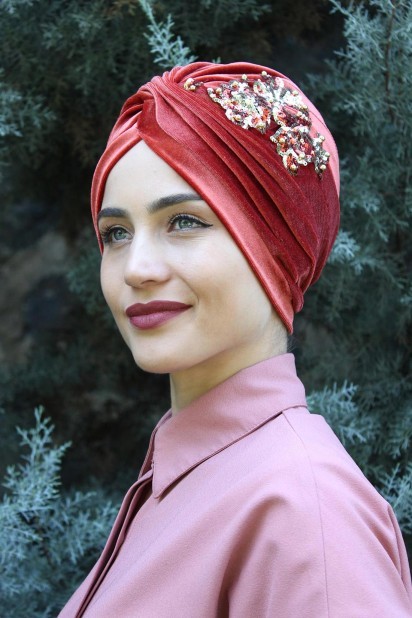 Woman Bonnet & Turban - Velvet Sequined Vera Bonnet Tile 100285065 - Turkey