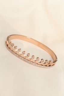 Steel Rose Color Stone Crown Detailed Cuff Bracelet 100320055