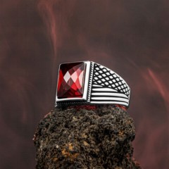 Red Baguette Zircon Stone Sterling Silver Ring 100346380