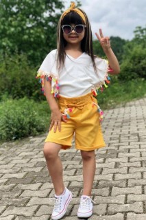 Kids - Girl Colored Tassel Detailed Yellow Shorts Set 100326804 - Turkey